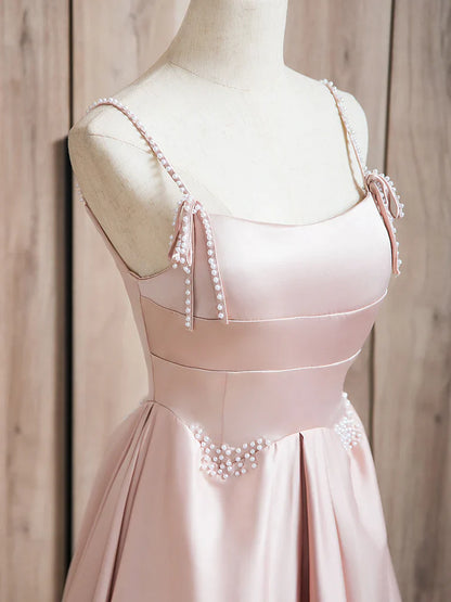 Vestido de fiesta largo rosa con cuentas y satén, corte A, vestido formal largo rosa ED036