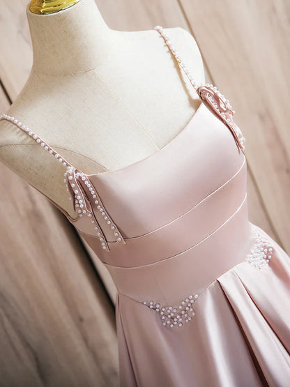 Vestido de fiesta largo rosa con cuentas y satén, corte A, vestido formal largo rosa ED036