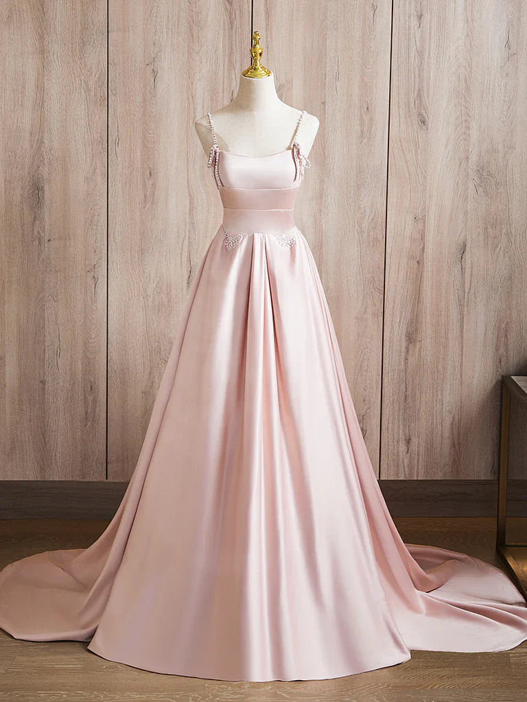 Vestido de fiesta largo rosa con cuentas y satén, corte A, vestido formal largo rosa ED036
