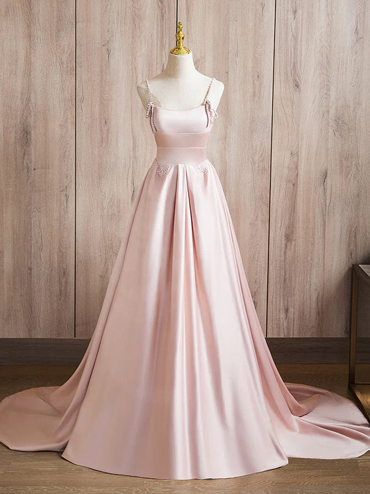 Vestido de fiesta largo rosa con cuentas y satén, corte A, vestido formal largo rosa ED036