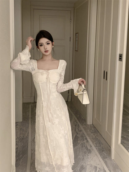 Vestido de cumpleaños blanco elegante con lazo y falda larga en forma de A, estilo francés, ED0372