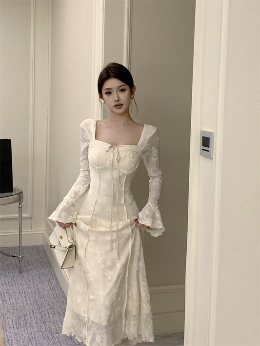 Vestido de cumpleaños blanco elegante con lazo y falda larga en forma de A, estilo francés, ED0372