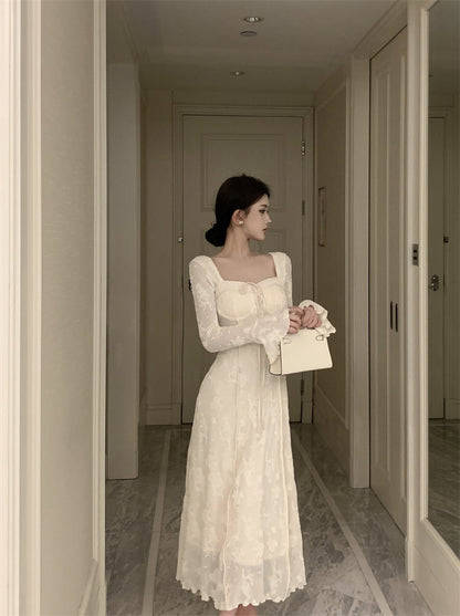 Vestido de cumpleaños blanco elegante con lazo y falda larga en forma de A, estilo francés, ED0372