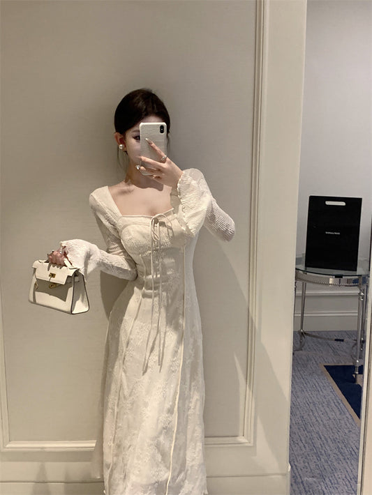 Vestido de cumpleaños blanco elegante con lazo y falda larga en forma de A, estilo francés, ED0372