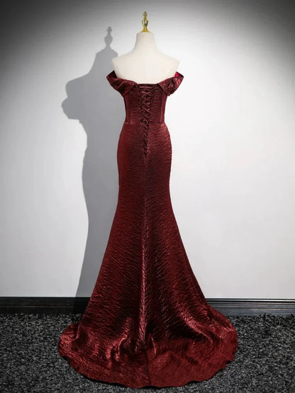Vestido de fiesta largo burdeos con hombros descubiertos, vestido formal largo burdeos ED040
