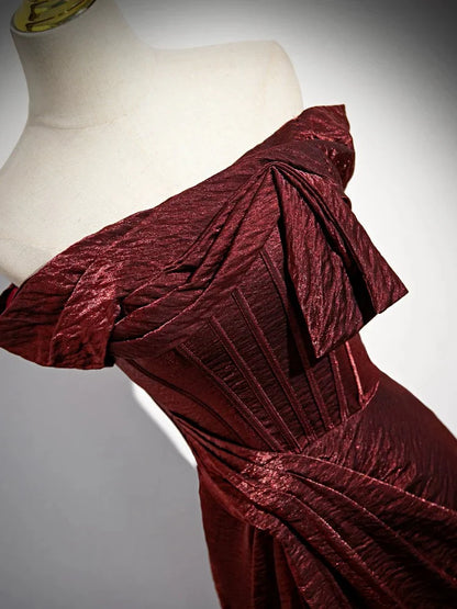 Vestido de fiesta largo burdeos con hombros descubiertos, vestido formal largo burdeos ED040