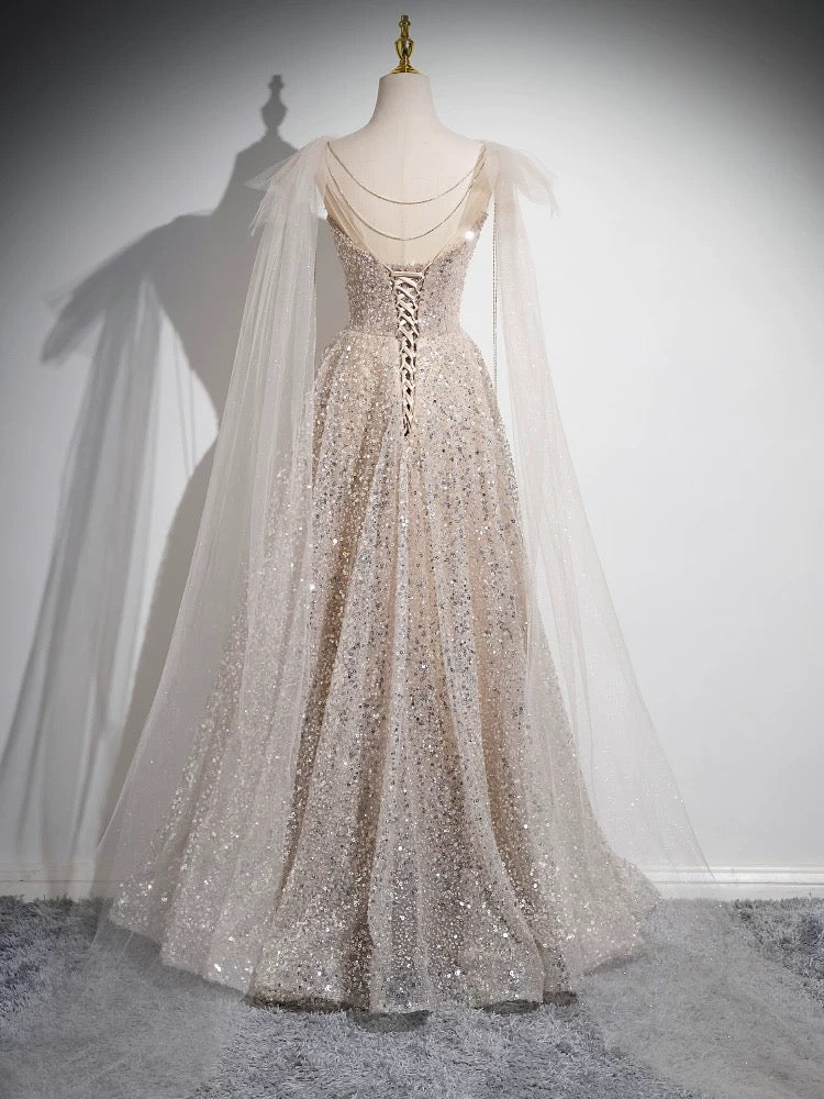 A-Line Scoop Neckline Tulle Champagne Long Prom Dress, Champagne Sequin Evening Dress ED042