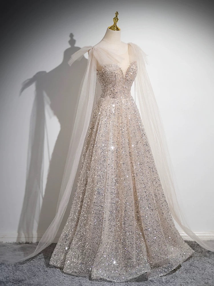 A-Line Scoop Neckline Tulle Champagne Long Prom Dress, Champagne Sequin Evening Dress ED042