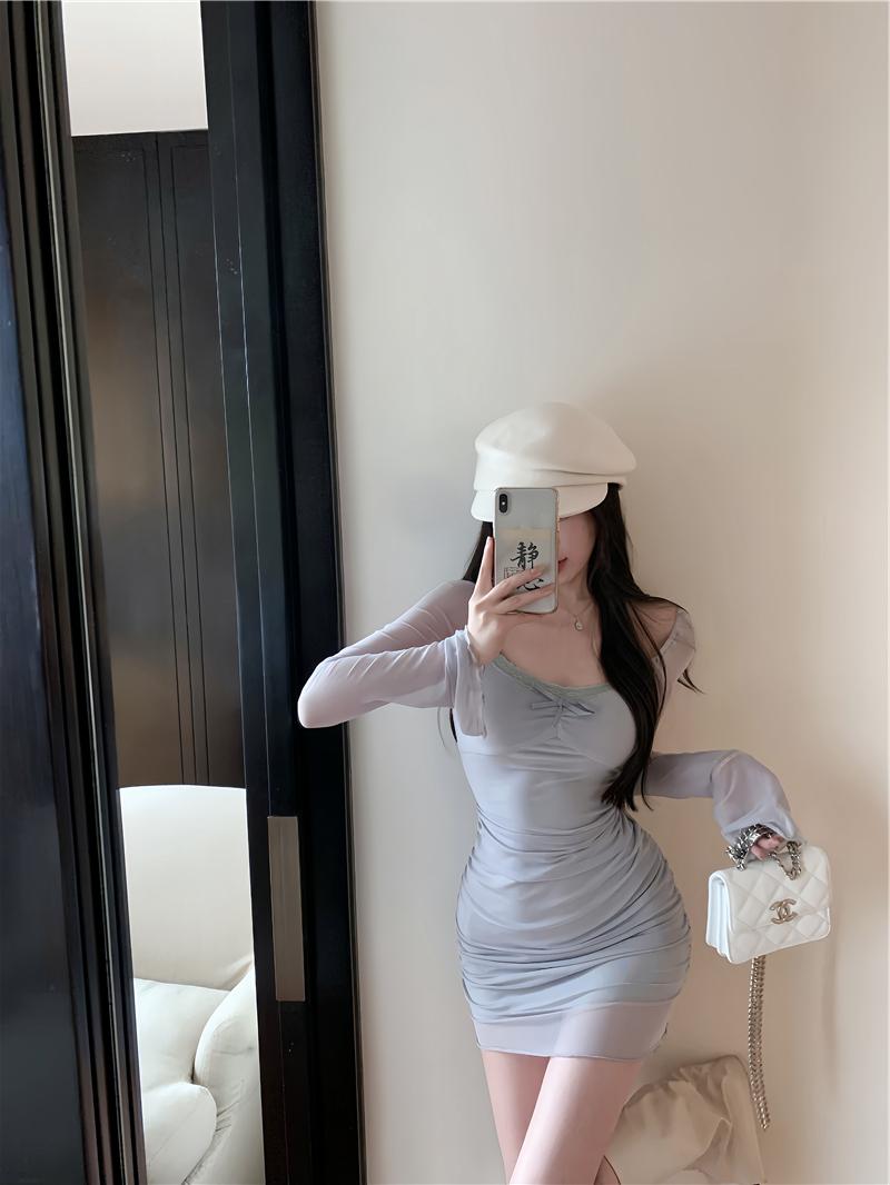 Gray blue sexy hot girl style mesh long sleeves U-neck off-shoulder hip skirt ED0422