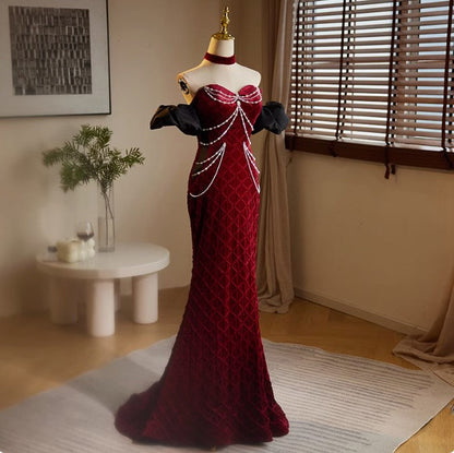 Vestido de fiesta largo de terciopelo con cuentas y escote corazón de sirena, vestido de novia burdeos, bonito vestido de cumpleaños ED043