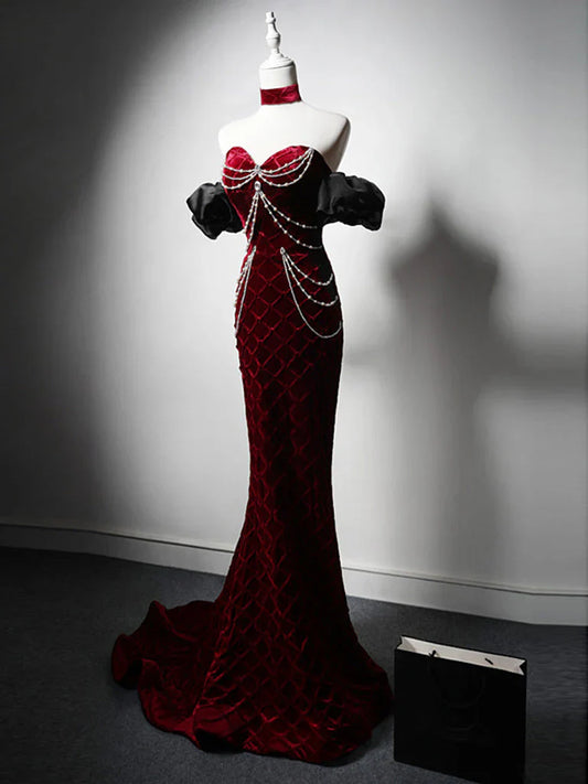 Vestido de fiesta largo de terciopelo con cuentas y escote corazón de sirena, vestido de novia burdeos, bonito vestido de cumpleaños ED043