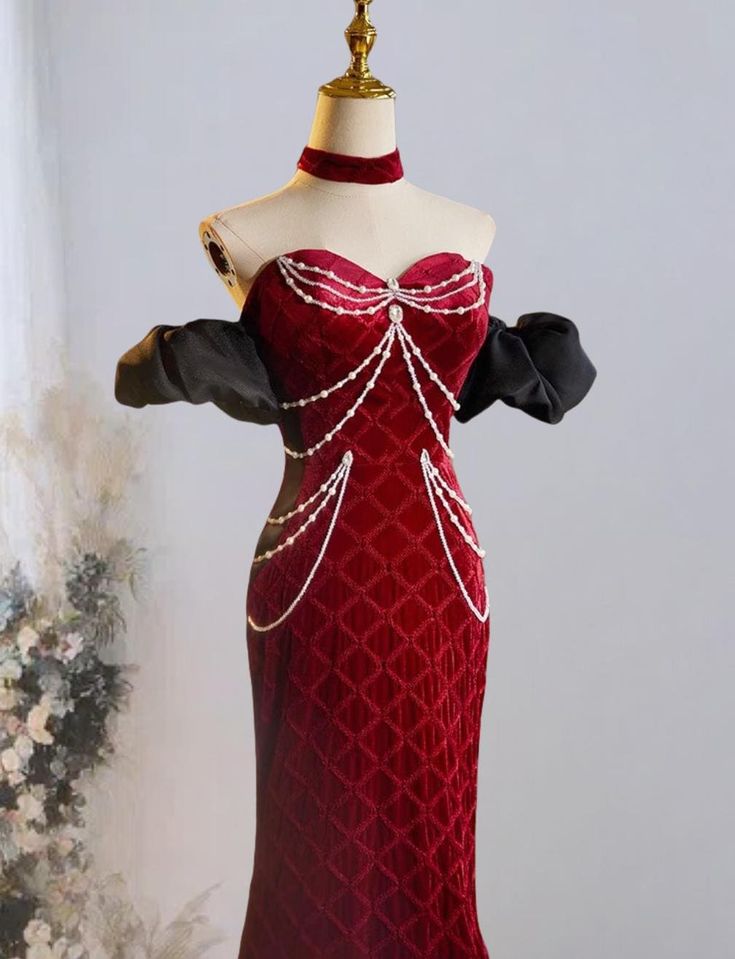 Vestido de fiesta largo de terciopelo con cuentas y escote corazón de sirena, vestido de novia burdeos, bonito vestido de cumpleaños ED043