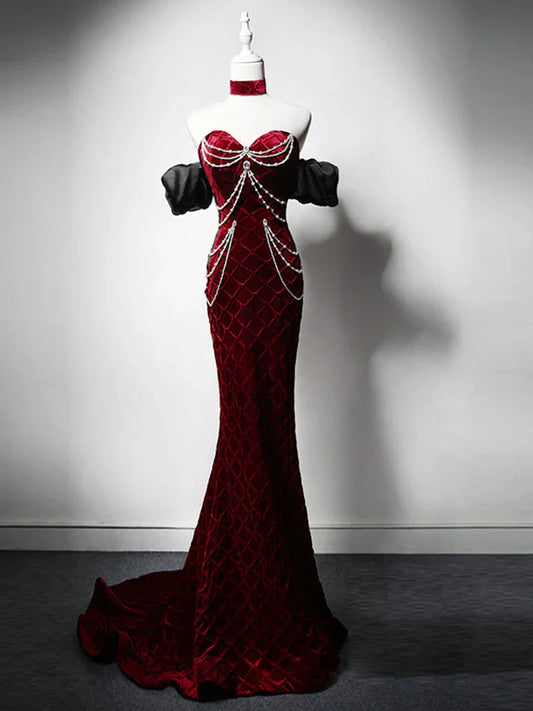 Vestido de fiesta largo de terciopelo con cuentas y escote corazón de sirena, vestido de novia burdeos, bonito vestido de cumpleaños ED043
