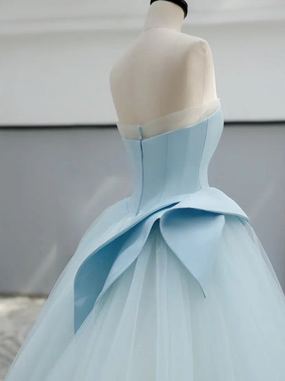 A-Line Satin Tulle Blue Long Prom Dress, Blue Long Formal Dress ED044