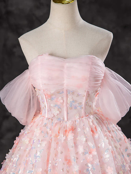Vestido de fiesta largo rosa con encaje y tul, corte A y hombros descubiertos, para quinceañeras, ED045