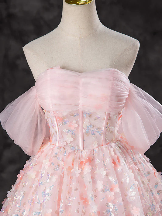 Vestido de fiesta largo rosa con encaje y tul, corte A y hombros descubiertos, para quinceañeras, ED045