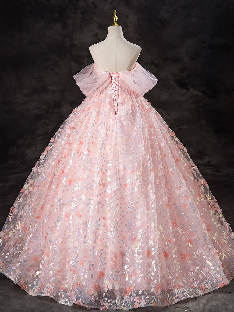 Vestido de fiesta largo rosa con encaje y tul, corte A y hombros descubiertos, para quinceañeras, ED045