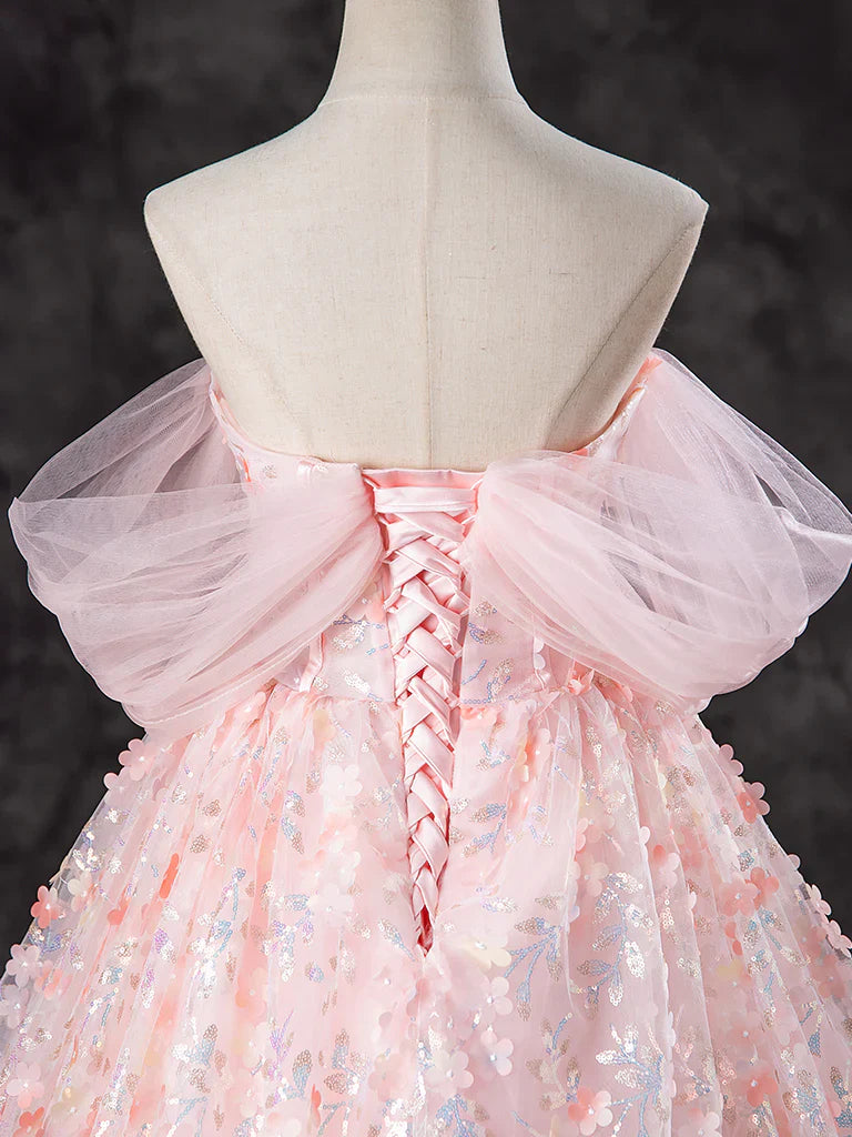 Vestido de fiesta largo rosa con encaje y tul, corte A y hombros descubiertos, para quinceañeras, ED045