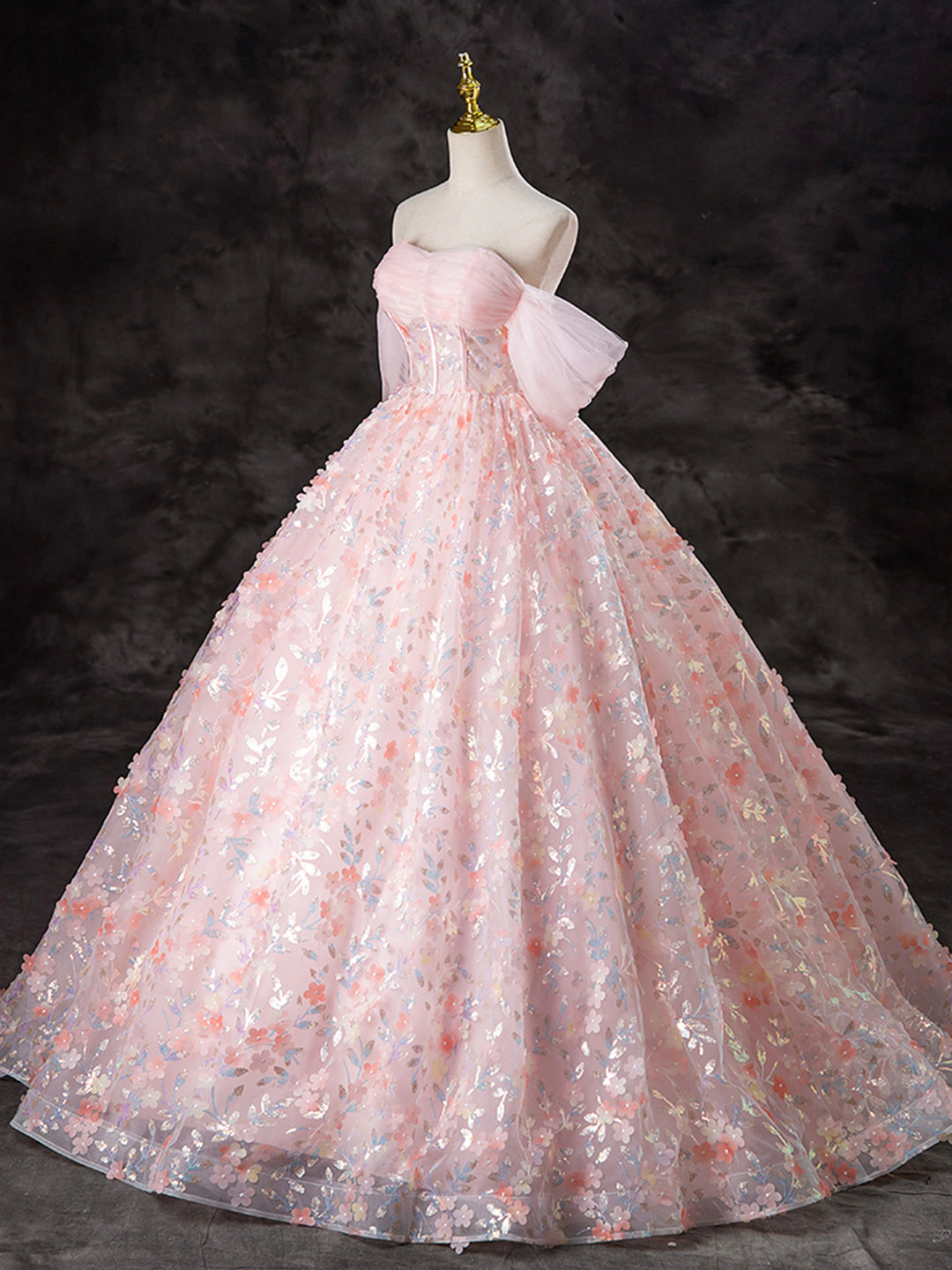 Vestido de fiesta largo rosa con encaje y tul, corte A y hombros descubiertos, para quinceañeras, ED045