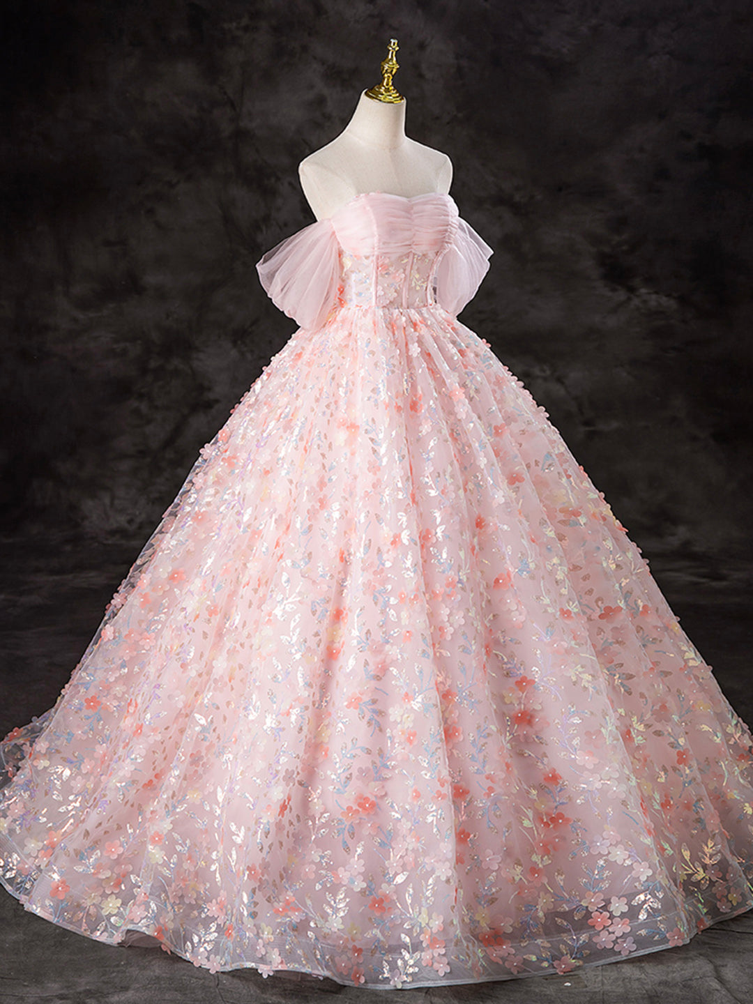 Vestido de fiesta largo rosa con encaje y tul, corte A y hombros descubiertos, para quinceañeras, ED045