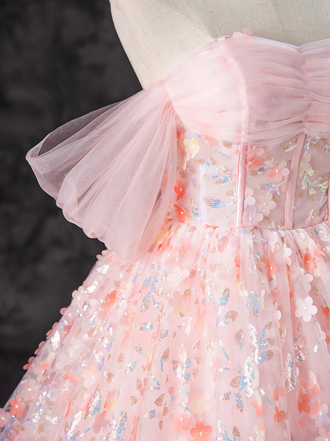 Vestido de fiesta largo rosa con encaje y tul, corte A y hombros descubiertos, para quinceañeras, ED045