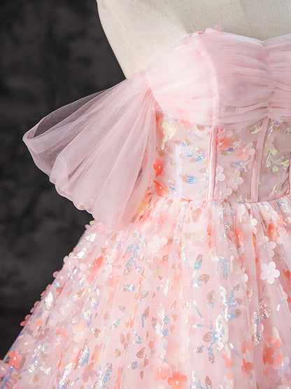 Vestido de fiesta largo rosa con encaje y tul, corte A y hombros descubiertos, para quinceañeras, ED045