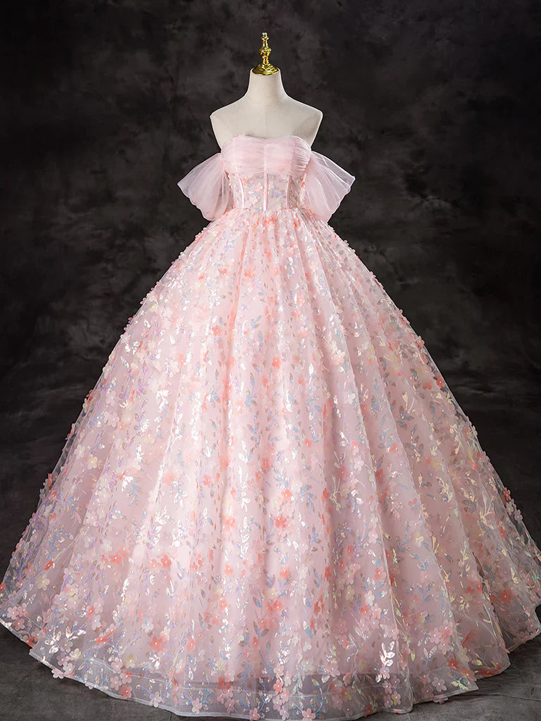 Vestido de fiesta largo rosa con encaje y tul, corte A y hombros descubiertos, para quinceañeras, ED045