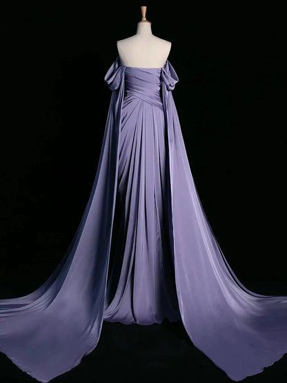 Royal Purple A-Line Off Shoulder Satin Long Prom Dress Formal Evening Dress Wedding DressED046