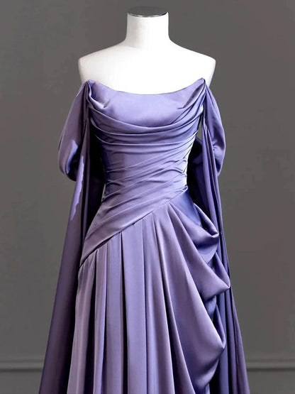 Royal Purple A-Line Off Shoulder Satin Long Prom Dress Formal Evening Dress Wedding DressED046