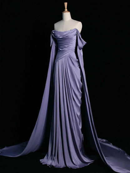 Royal Purple A-Line Off Shoulder Satin Long Prom Dress Formal Evening Dress Wedding DressED046