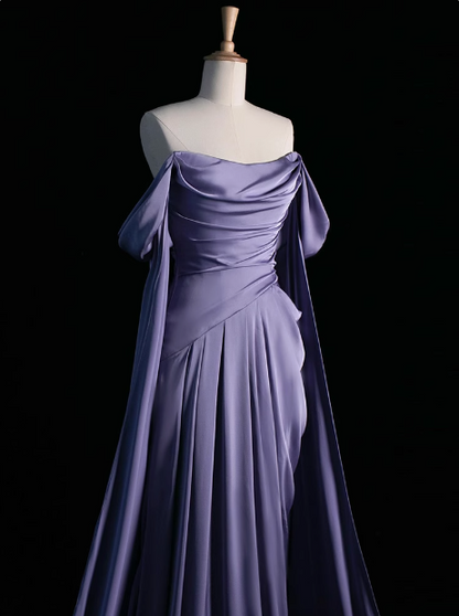 Royal Purple A-Line Off Shoulder Satin Long Prom Dress Formal Evening Dress Wedding DressED046