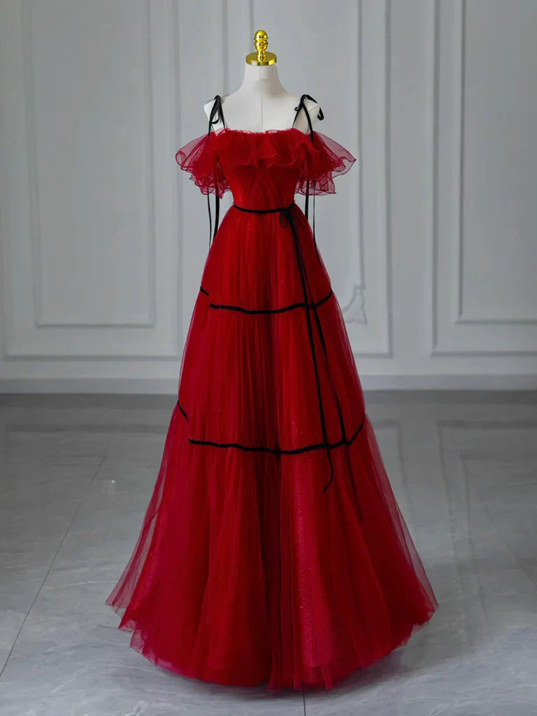 Vestido de fiesta largo de tul burdeos con hombros descubiertos y corte en A, vestido formal largo burdeos ED051