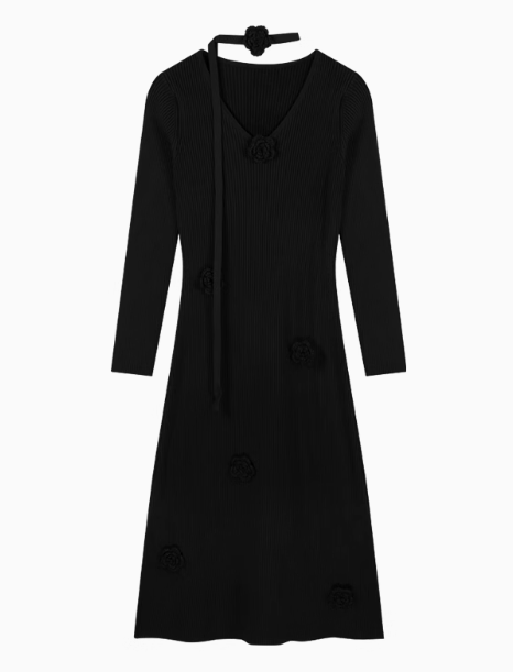 3D Flower V-Neck Long Sleeve Knitted Dress  ED0516