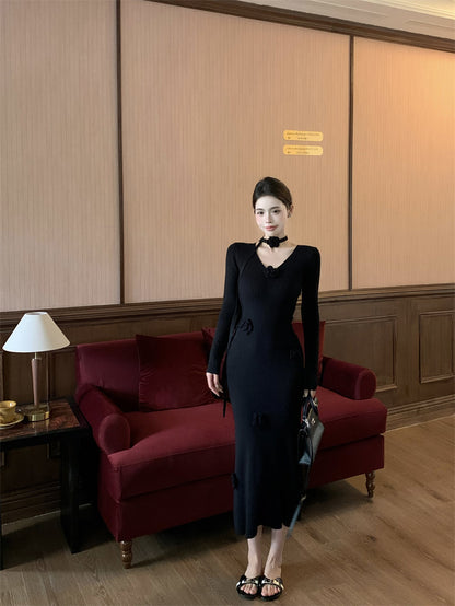 3D Flower V-Neck Long Sleeve Knitted Dress  ED0516
