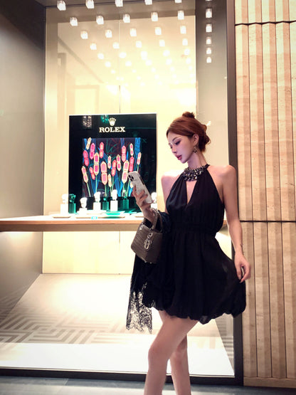 Vestido de cumpleaños negro con escote en V y corte halter de rombos franceses ED0517