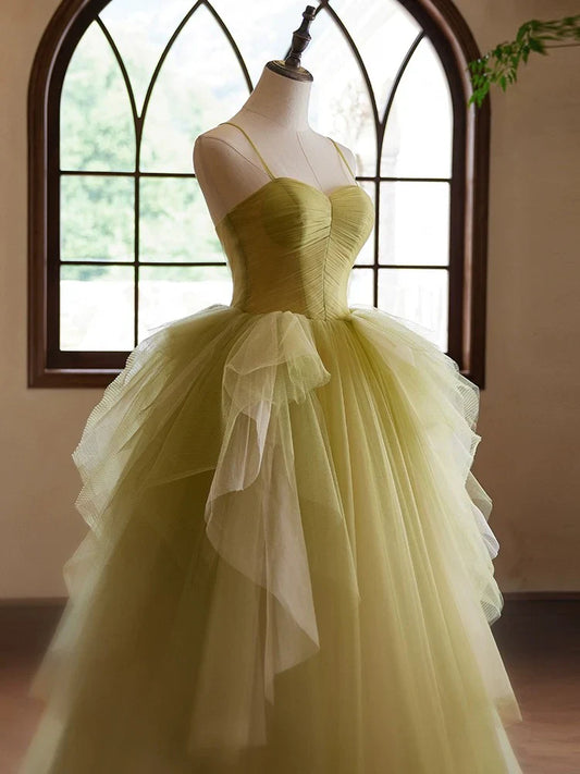 Vestido de fiesta largo de tul verde con escote corazón y corte en A, vestido de noche verde ED052