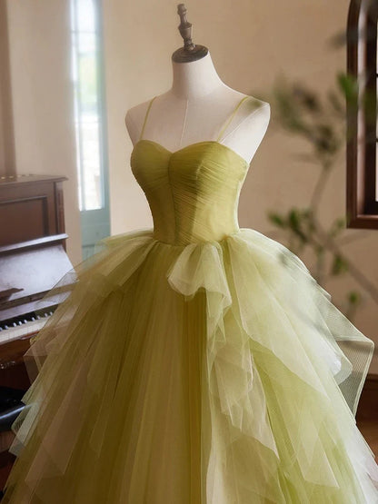 Vestido de fiesta largo de tul verde con escote corazón y corte en A, vestido de noche verde ED052