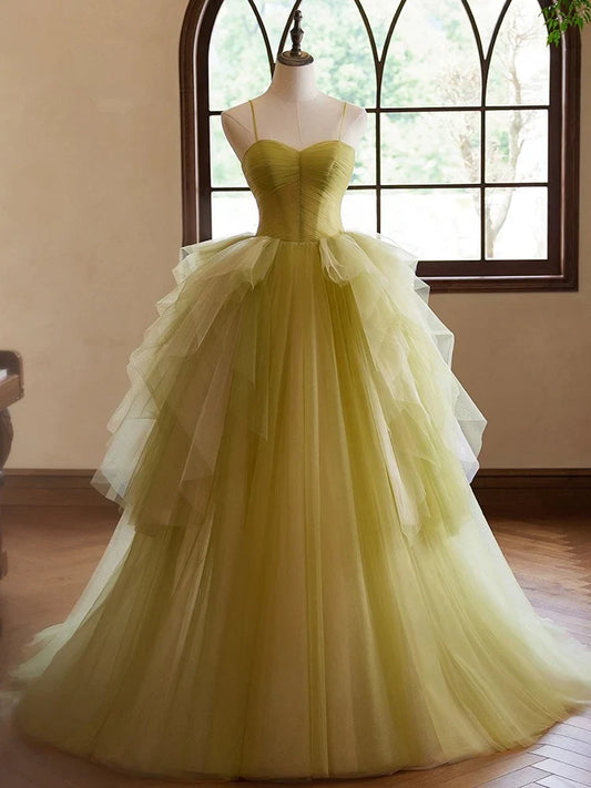 Vestido de fiesta largo de tul verde con escote corazón y corte en A, vestido de noche verde ED052