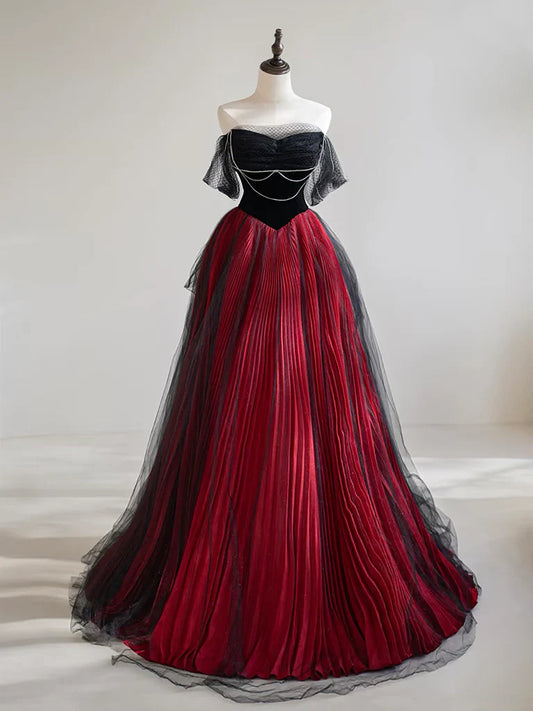 Vestido de fiesta largo de tul negro/burdeos con hombros descubiertos y corte en A ED0568