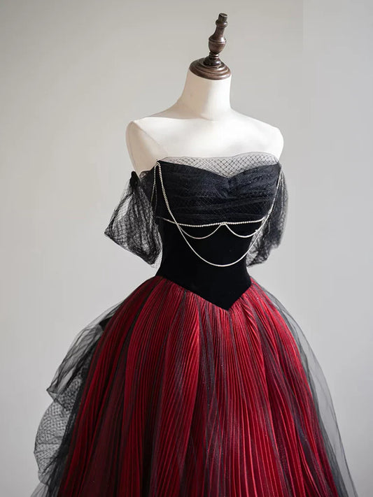 Vestido de fiesta largo de tul negro/burdeos con hombros descubiertos y corte en A ED0568