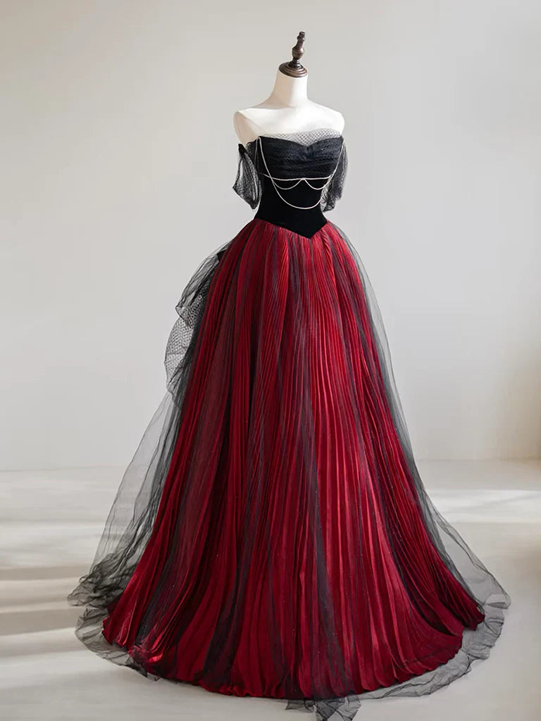 Vestido de fiesta largo de tul negro/burdeos con hombros descubiertos y corte en A ED0568