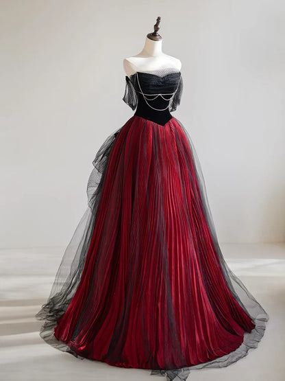 Vestido de fiesta largo de tul negro/burdeos con hombros descubiertos y corte en A ED0568