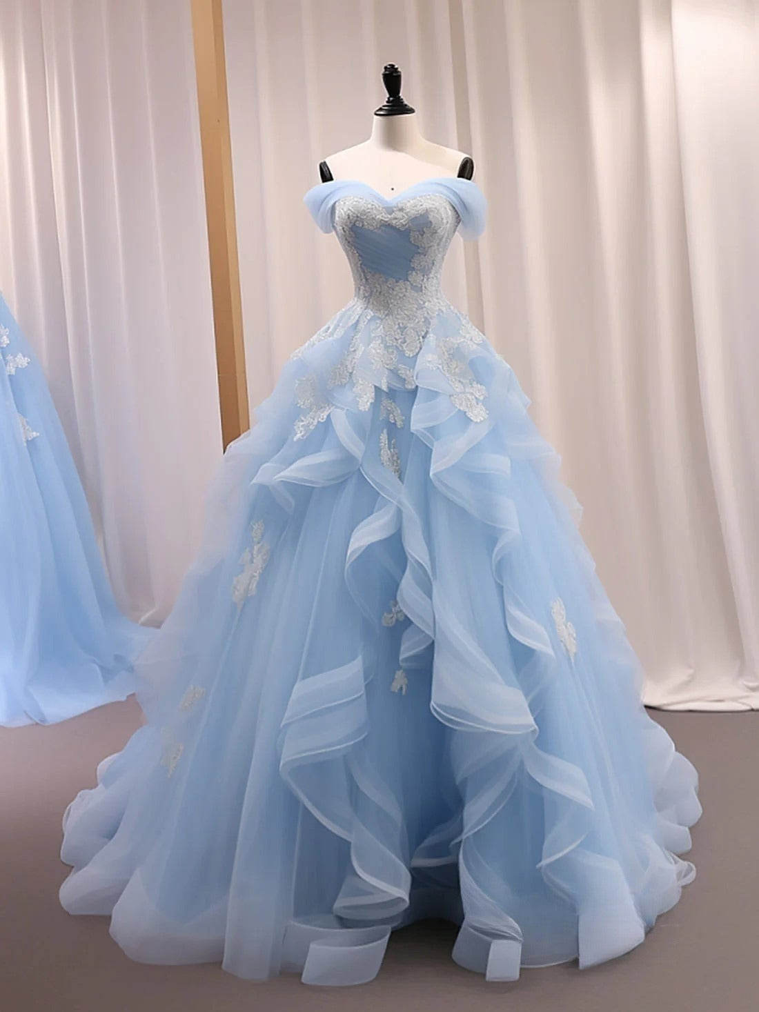 Fairytale 🩵Blue A-Line Long Prom Dress for Birthday&Quinceanera Sweet Tulle Lace off Shoulder Evening Dresses ED0570