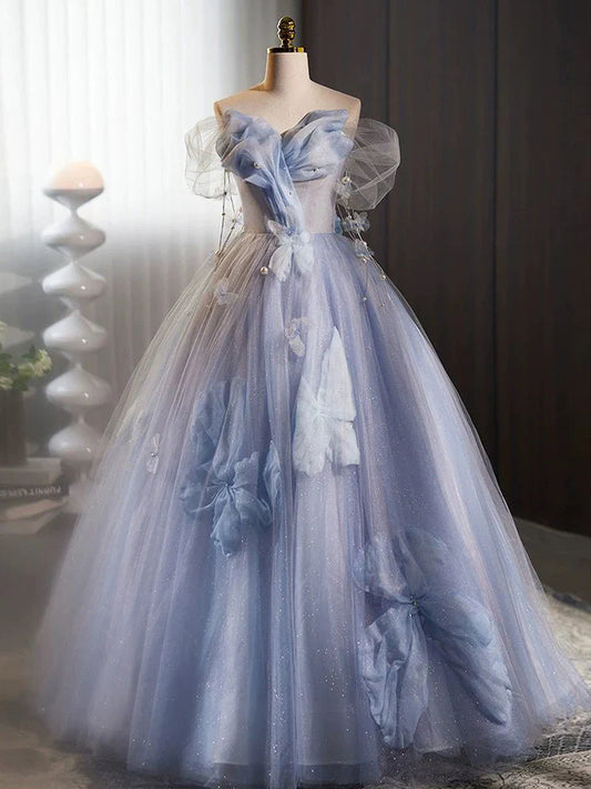 Vestido de fiesta largo azul de tul con hombros descubiertos y flores, corte A, vestido formal largo azul ED0571