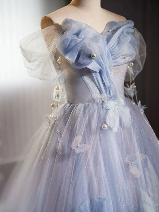 Vestido de fiesta largo azul de tul con hombros descubiertos y flores, corte A, vestido formal largo azul ED0571