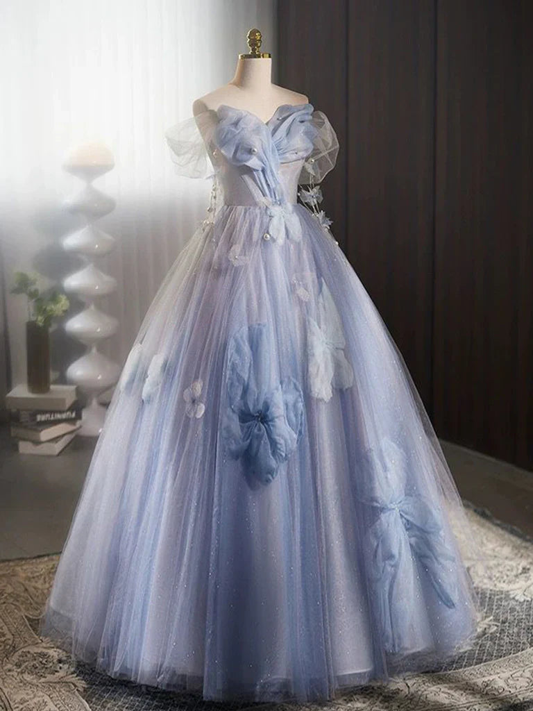 Vestido de fiesta largo azul de tul con hombros descubiertos y flores, corte A, vestido formal largo azul ED0571