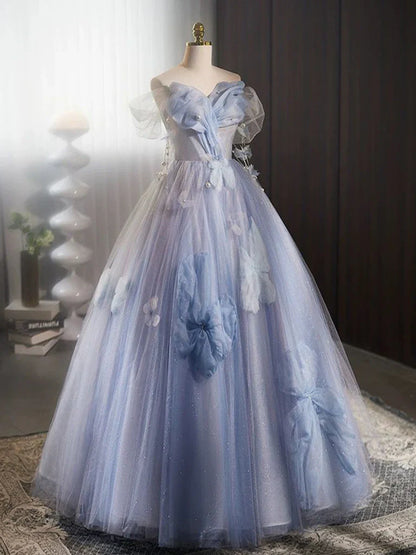 Vestido de fiesta largo azul de tul con hombros descubiertos y flores, corte A, vestido formal largo azul ED0571