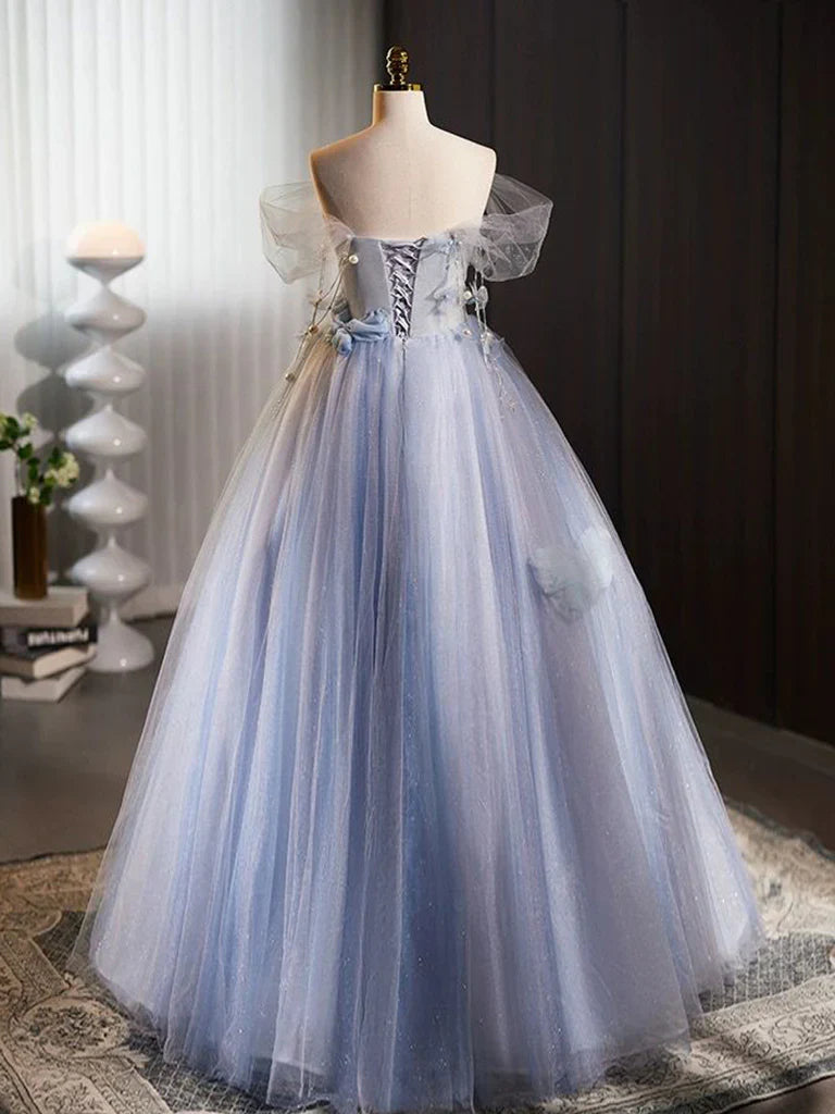 Vestido de fiesta largo azul de tul con hombros descubiertos y flores, corte A, vestido formal largo azul ED0571