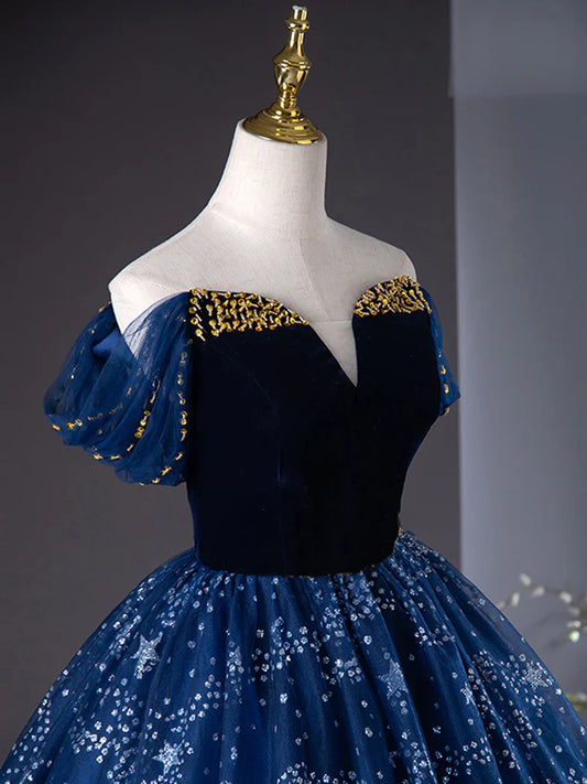 Vestido de fiesta largo azul de tul con hombros descubiertos y corte en A, vestido formal largo azul con cuentas ED0572