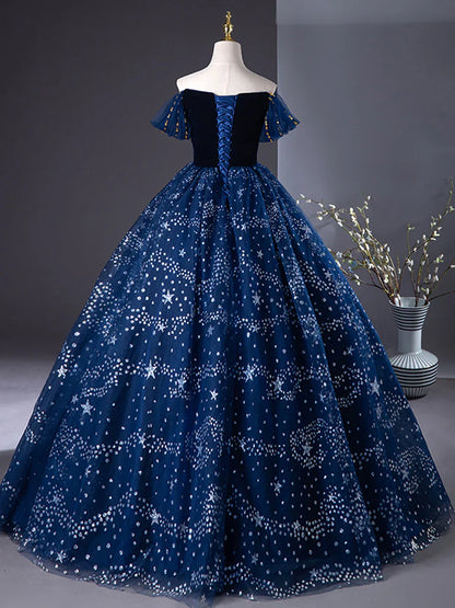Vestido de fiesta largo azul de tul con hombros descubiertos y corte en A, vestido formal largo azul con cuentas ED0572